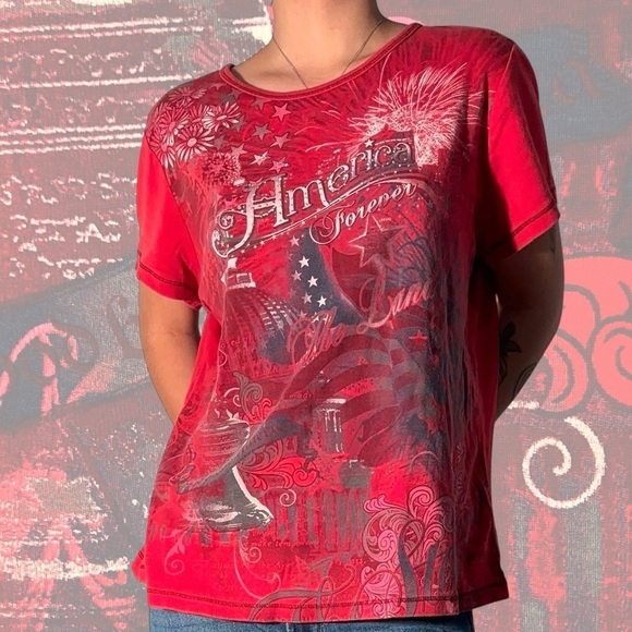 USA Southern Grunge Patriotic Tee Size Large Blue Canyon Shirt Y2K Country LNC - Picture 1 of 8